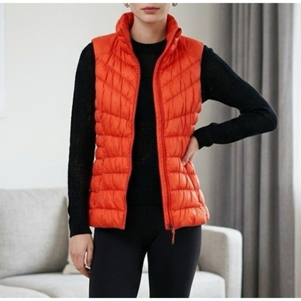 Athleta Downieville Puffer Vest Women S Orange Goose Down Quilted Sporty Layer